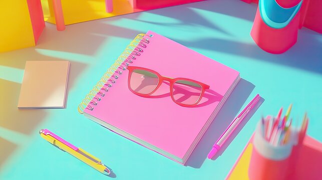Bright pink notebook with red glasses and colorful stationery