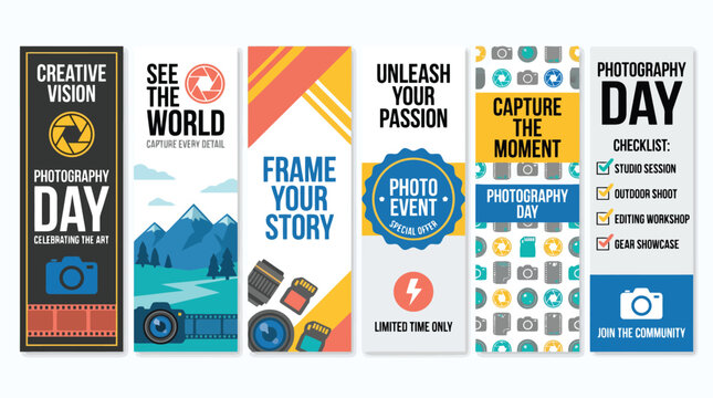 Photography Day vertical banner set, creative photo event bookmark templates with camera icons, professional photography workshop flyers