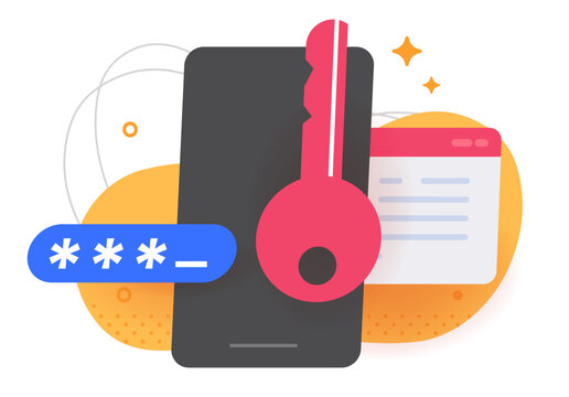 Security 2fa code pass key authentication via sms message on smartphone mobile cell phone modern graphic illustration, two step web site login access tech, digital cyber passcode otp safety validation