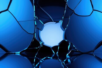 Fototapeta premium Abstract blue geometric shapes create tunnel illusion. Reflections suggest polished surfaces, dramatic lighting. Minimalist composition.