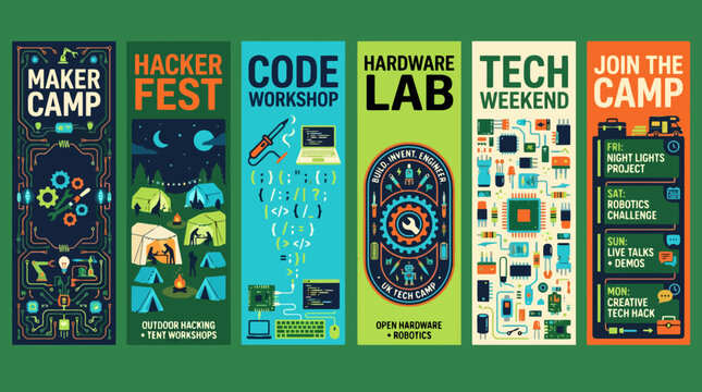 Tech Maker Camp vertical banners set, coding and hardware workshop posters, hacker fest event flyers with flat vector illustrations