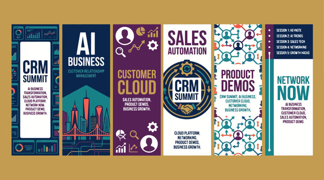 Corporate business banner set for CRM Summit and AI business events, sales automation web headers, professional marketing vertical banners