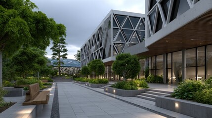 Fototapeta premium Wide view of a sports complex with robotic climbing walls and running tracks during sunrise in a botanical setting