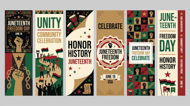 Juneteenth Freedom Day vertical banner set, African American heritage celebration posters, Pan-African colors and unity community event graphics