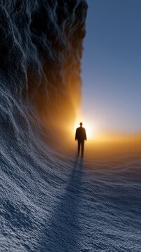 emotional transformation, cgi captures emotional evolution from chaotic stress to serene brightness, centering on human silhouette