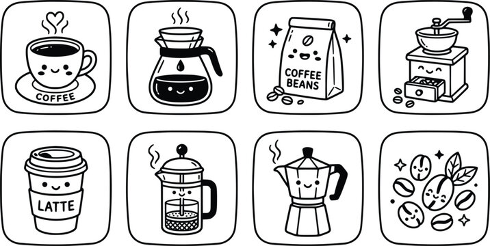 Kawaii coffee icon set with 8 hand drawn doodle elements, cute cafe character illustrations in black and white, minimalist cartoon coffee shop graphics