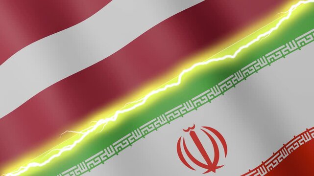 Two waving flags Latvia and Iran with diagonal lightning seamless, 4k loop