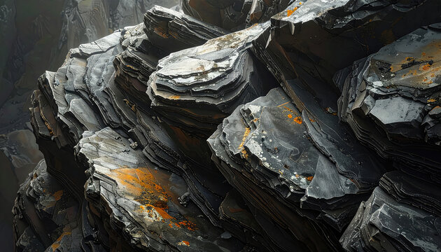 Closeup of layered slate rocks with orange mineral deposits