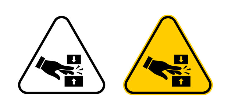 Crush hazard warning sign icon set with hand pinch symbol. Machine safety label for pinch points, industrial equipment and workplace safety