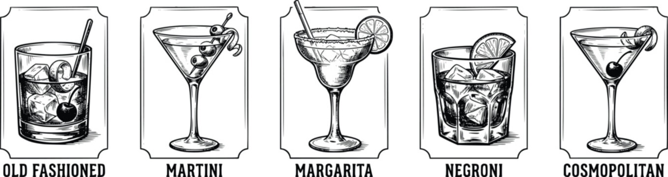 Vintage cocktail illustration set of 5 EPS icons. Hand drawn martini, margarita, and negroni bar menu graphics. Retro black and white drink sketches.