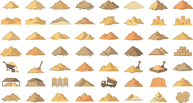 Sand Heap and Desert Dune Icon Set with Construction Piles Sandcastles Wheelbarrows Tipper Trucks and Material Storage Silo Vector GraphicsSand Heap and Desert Dune Icon Set with Construction Piles S