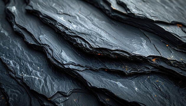Closeup of layered dark slate rocks with textured surface