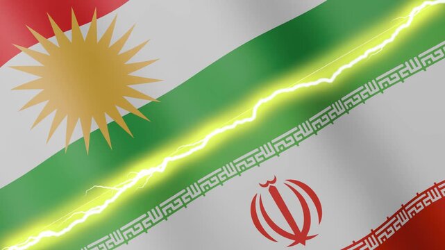 Two waving flags Kurdistan and Iran with diagonal lightning seamless, 4k loop