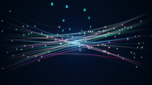 Abstract data network with glowing digital binary code