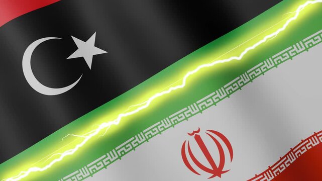 Two waving flags Libya and Iran with diagonal lightning seamless, 4k loop