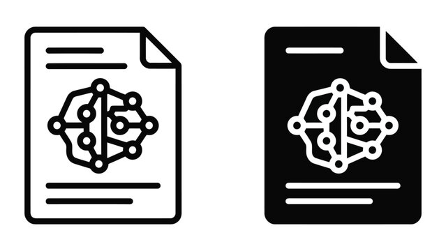 Document icon with interconnected nodes representing algorithms and data analysis reports