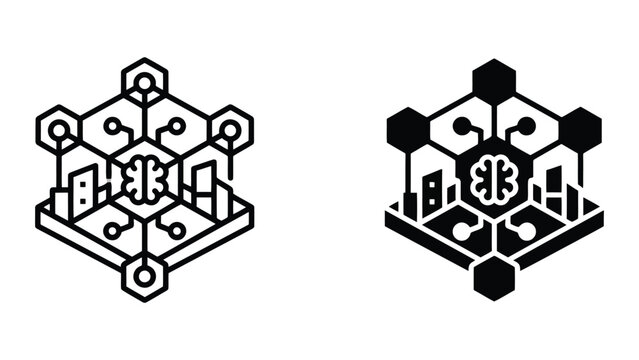 Abstract hexagonal network structure with stylized brain and city buildings inside isometric view