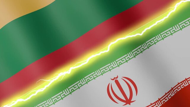 Two waving flags Liechtenstein and Iran with diagonal lightning seamless, 4k loop