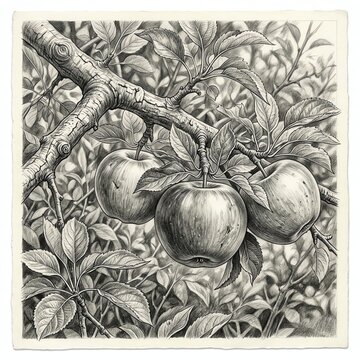 Pencil Drawing of Three Apples on a Branch with Leaves