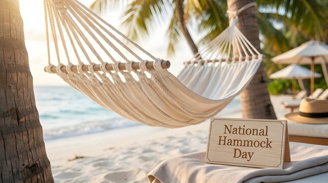 National hammock day concept featuring woven swinging bed at sandy beach