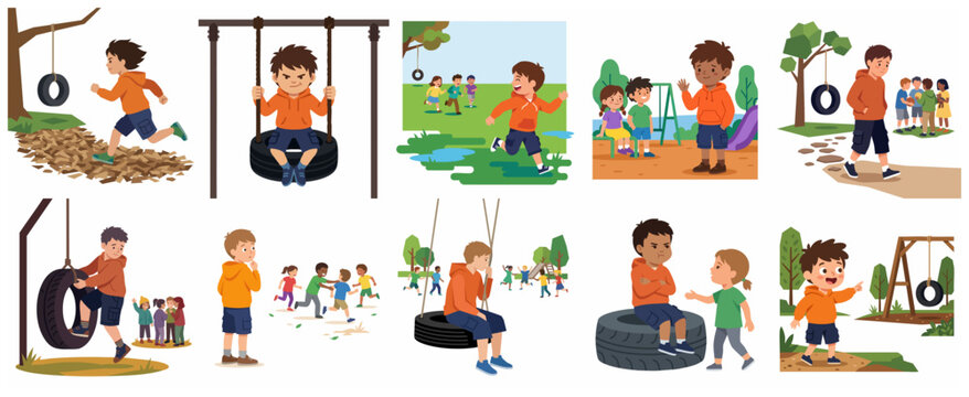 Set of Illustrations Showing a Boy's Social Interactions and Emotions at a Playground