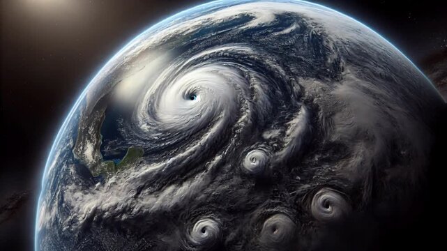 Video ofo hyper realistic Earth from space with giant hurricanes over oceans showing powerful global weather.