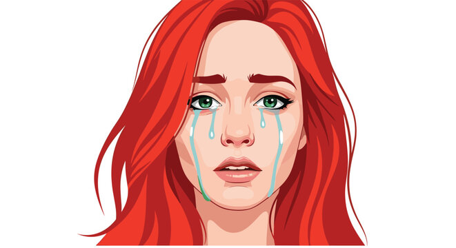 Close up portrait of a young woman with long red hair and green eyes crying with tears streaming down her face showing deep sadness.