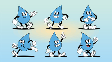Fototapeta premium Water Drop Mascot Character Set with Cartoon Expressions and Action Poses Vector Illustration