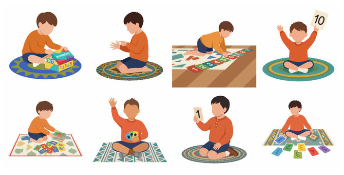Educational set of little boys learning numbers and counting math skills on rugs