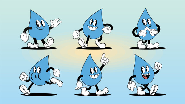 Water Drop Mascot Character Set with Cartoon Expressions and Action Poses Vector Illustration