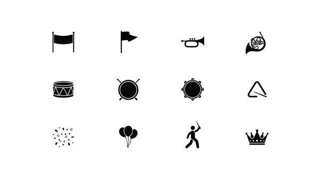 Minimalist celebration iconset featuring musical instruments conductor fireworks balloons and royal crown for festive event designs