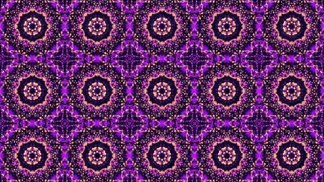 Abstract kaleidoscopic mandala pattern animation, glowing geometric particle structures, seamless loop of changing vibrant colors and intricate symmetric shapes, futuristic digital background.