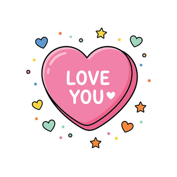 Pink Heart with Love You Text.