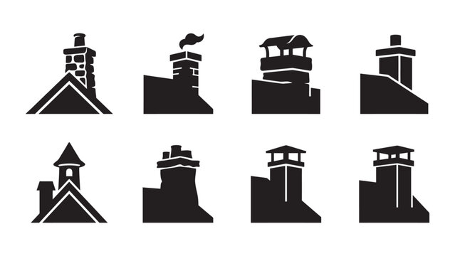 Set of eight black silhouette icons of various chimney styles on house roofs.