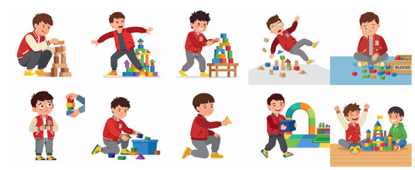 Fototapeta premium Set of little boy playing with building blocks showing various emotions and expressions