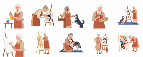 Set of senior woman artist characters painting on canvas with husky dog companion, creative hobby and retirement lifestyle illustration © Charitty