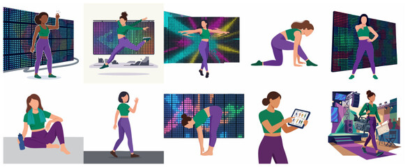 Fototapeta premium Flat vector illustrations of a woman in fitness gear dancing, stretching, and working in stage production with LED screens and digital tablets.