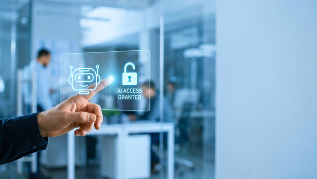 Businessperson's finger touching panel with robot icon beside open padlock icon in blue-lit modern office, AI access control concept, intelligent authorization agent, digital access automation