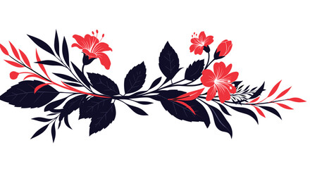 Fototapeta premium Decorative floral branch with vibrant red blossoms and dark navy blue leaves elegantly arranged on a clean white background for design.