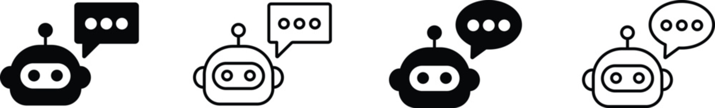 Set of four flat design robot head icons with speech bubbles and chat dots, cute chatbot characters in solid black silhouette and linear outline styles.