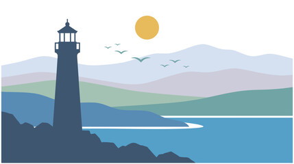 Coastal lighthouse stands tall by ocean with mountains and birds. © SABIKUNNAHAR