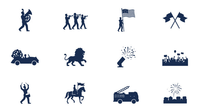 Celebratory parade icons showcase patriotism fireworks music and community unity in bold silhouette style