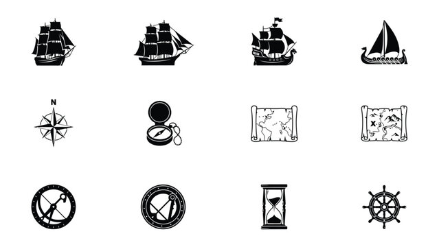 Black and white vintage illustration set featuring classic sailing ships treasure maps compasses and nautical tools for heritage exploration branding