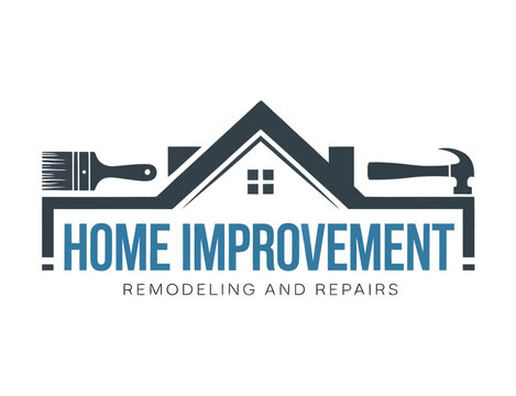 Home improvement remodeling and repairs logo featuring a modern house design with construction elements, symbolizing renovation, maintenance, remodeling services, and professional property improvement