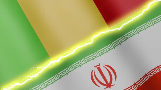 Two waving flags Mali and Iran with diagonal lightning seamless, 4k loop