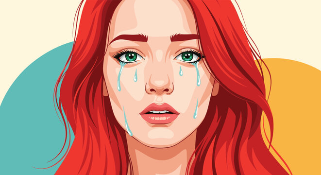 Emotional illustration of a young woman with long red hair and green eyes crying with many tears flowing down her face.