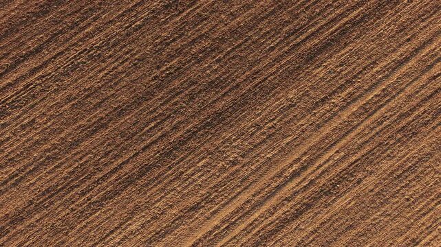 Dry plowed farmland with diagonal furrows and visible tractor track running across cultivated soil. Brown earth surface prepared for planting with structured tillage lines and agricultural patterns