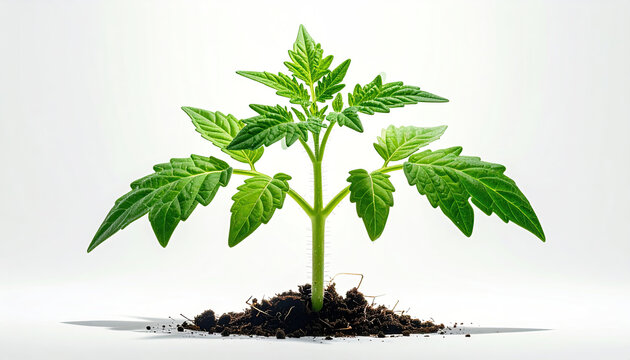 Young Tomato Plant Growing in Soil on White Background