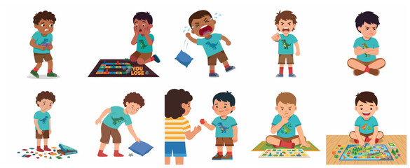 Vector set of little boy characters expressing different emotions and reactions while playing board games, illustrating sportsmanship and feelings
