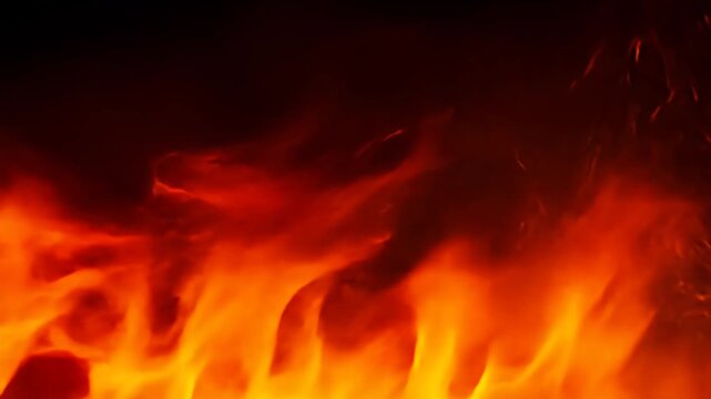 Flames rise from the bottom, glowing in intense red-orange, against a dark background